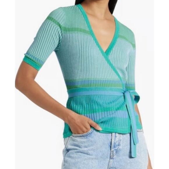 Diane von Furstenberg Lyric Wrap Sweater Womens Small Stripe Cloud Turquoise - Picture 4 of 11